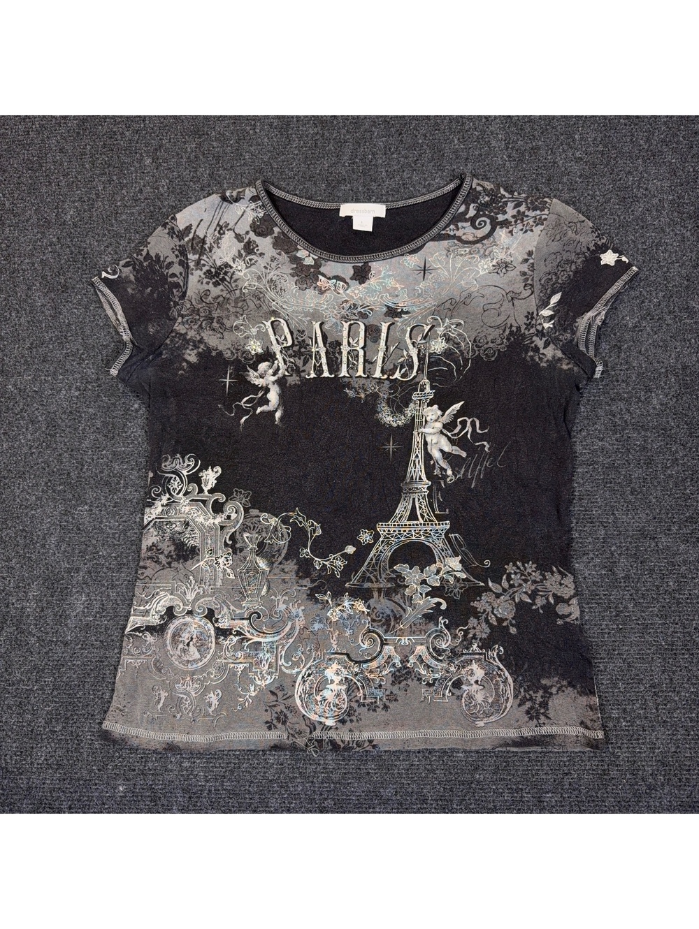 Dressbarn Paris Eiffel Tower Graphic Tee Womens L Black Gray Rhinestone Y2K